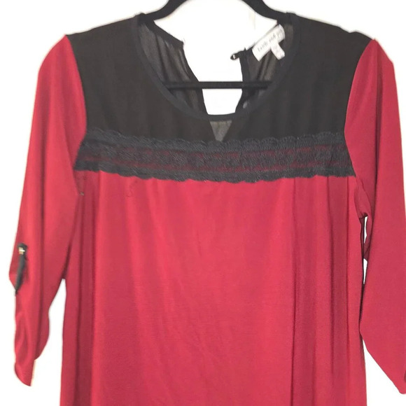 Faith and Joy Red Black Blouse Lace Large - Picture 1 of 5